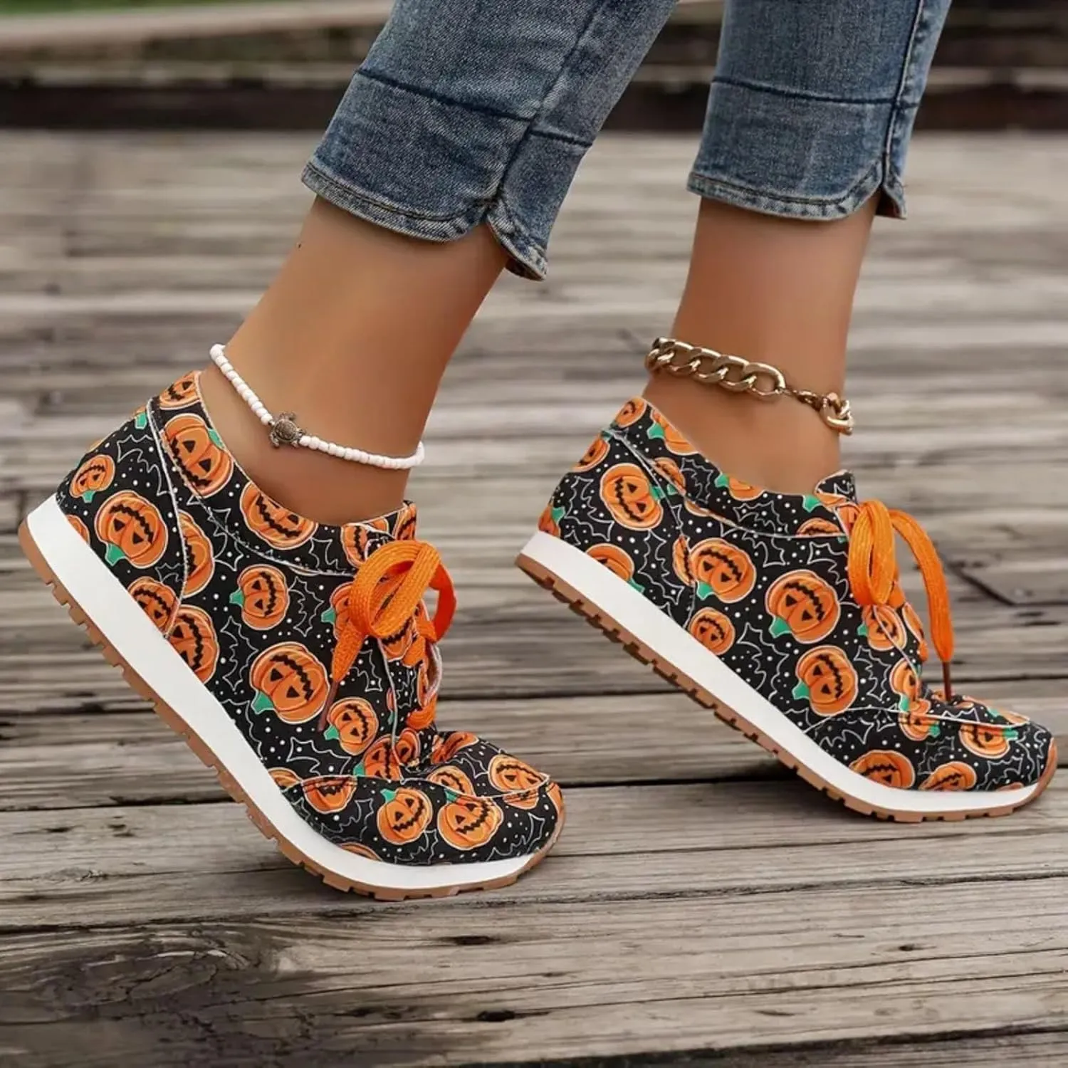 Women Halloween Pumpkin Print Canvas Shoes Skull Head Ghost Print Lace Up Low Top Sneakers Ladies Slip on Flats Loafers Shoes,Casual Breathable Comfortable Walking Canvas Sneakers Shoes