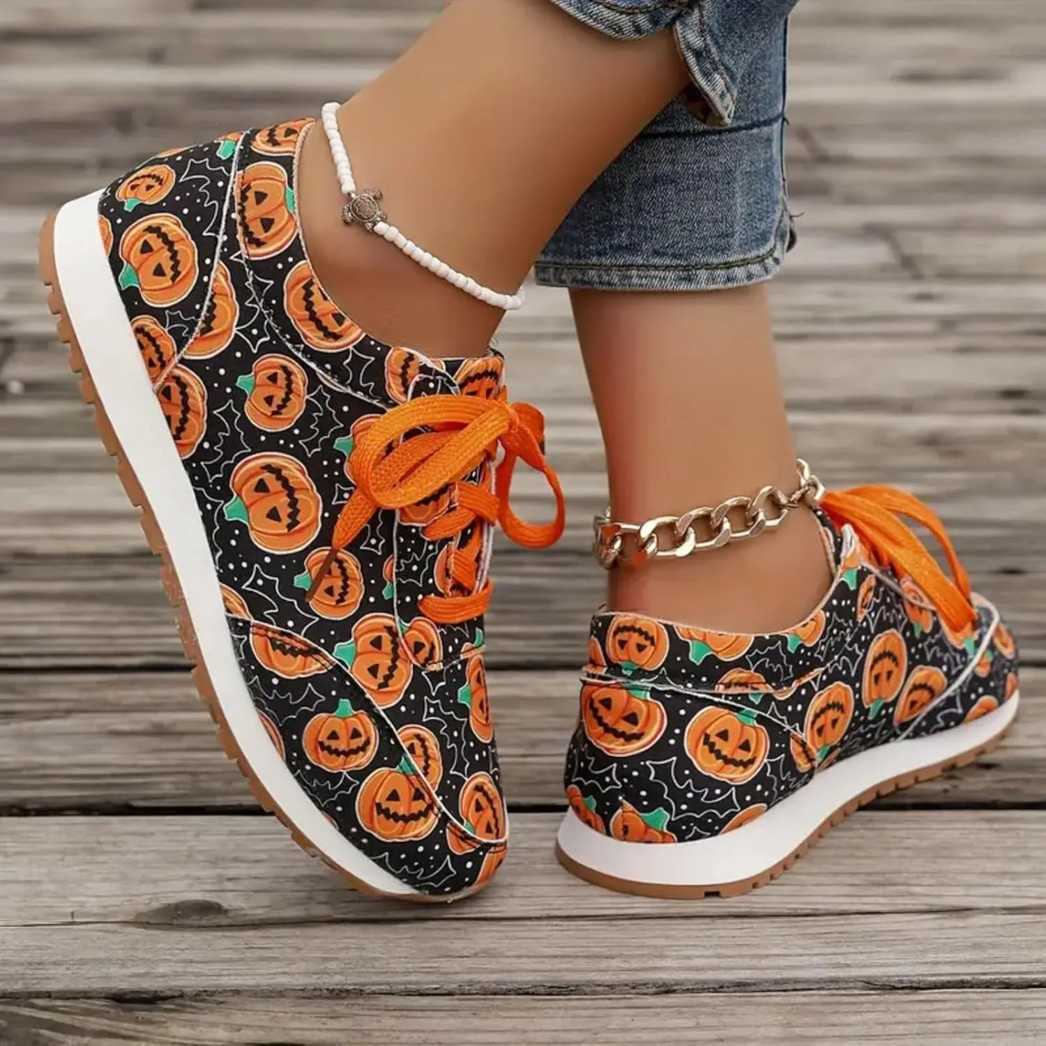 Women Halloween Pumpkin Print Canvas Shoes Skull Head Ghost Print Lace Up Low Top Sneakers Ladies Slip on Flats Loafers Shoes,Casual Breathable Comfortable Walking Canvas Sneakers Shoes