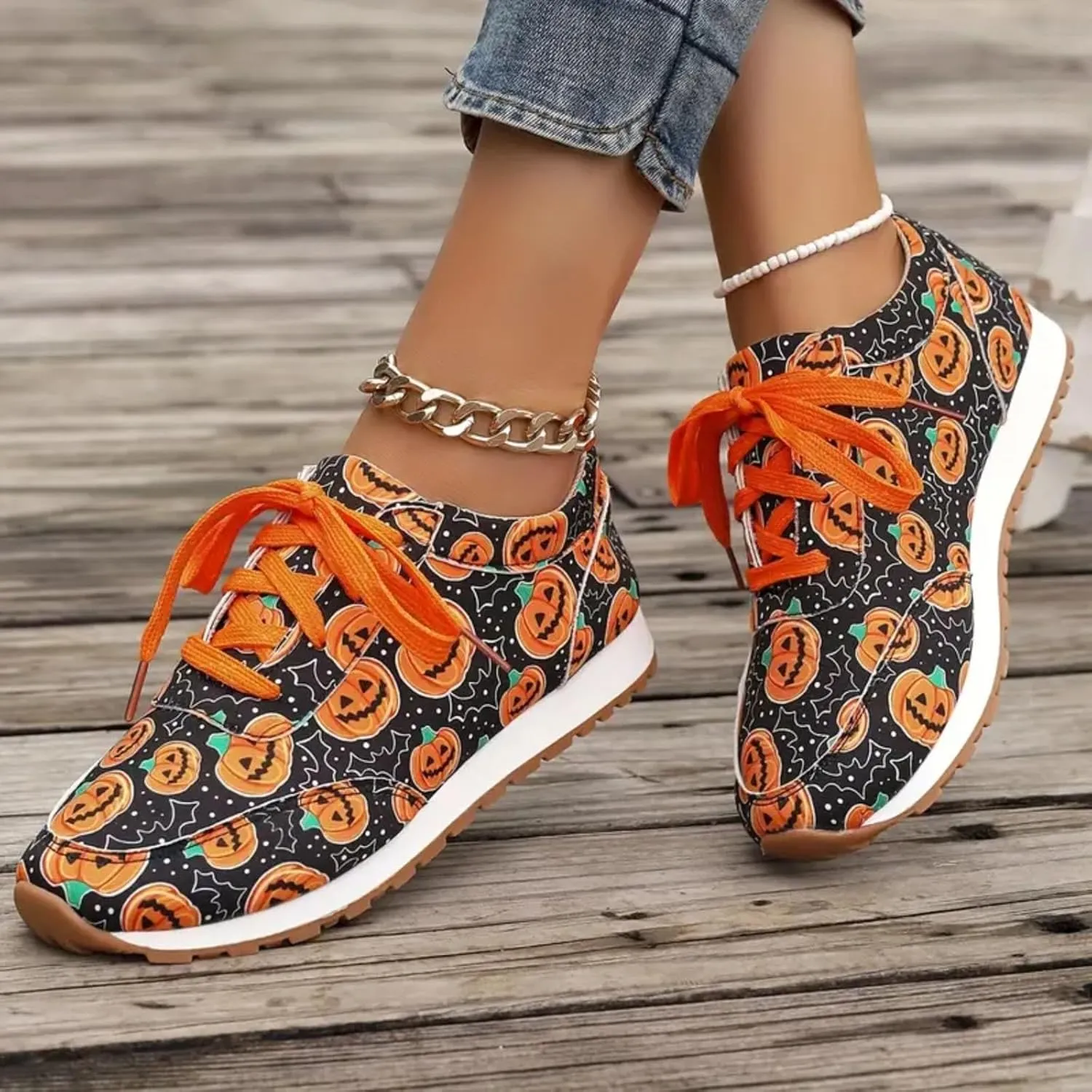 Women Halloween Pumpkin Print Canvas Shoes Skull Head Ghost Print Lace Up Low Top Sneakers Ladies Slip on Flats Loafers Shoes,Casual Breathable Comfortable Walking Canvas Sneakers Shoes
