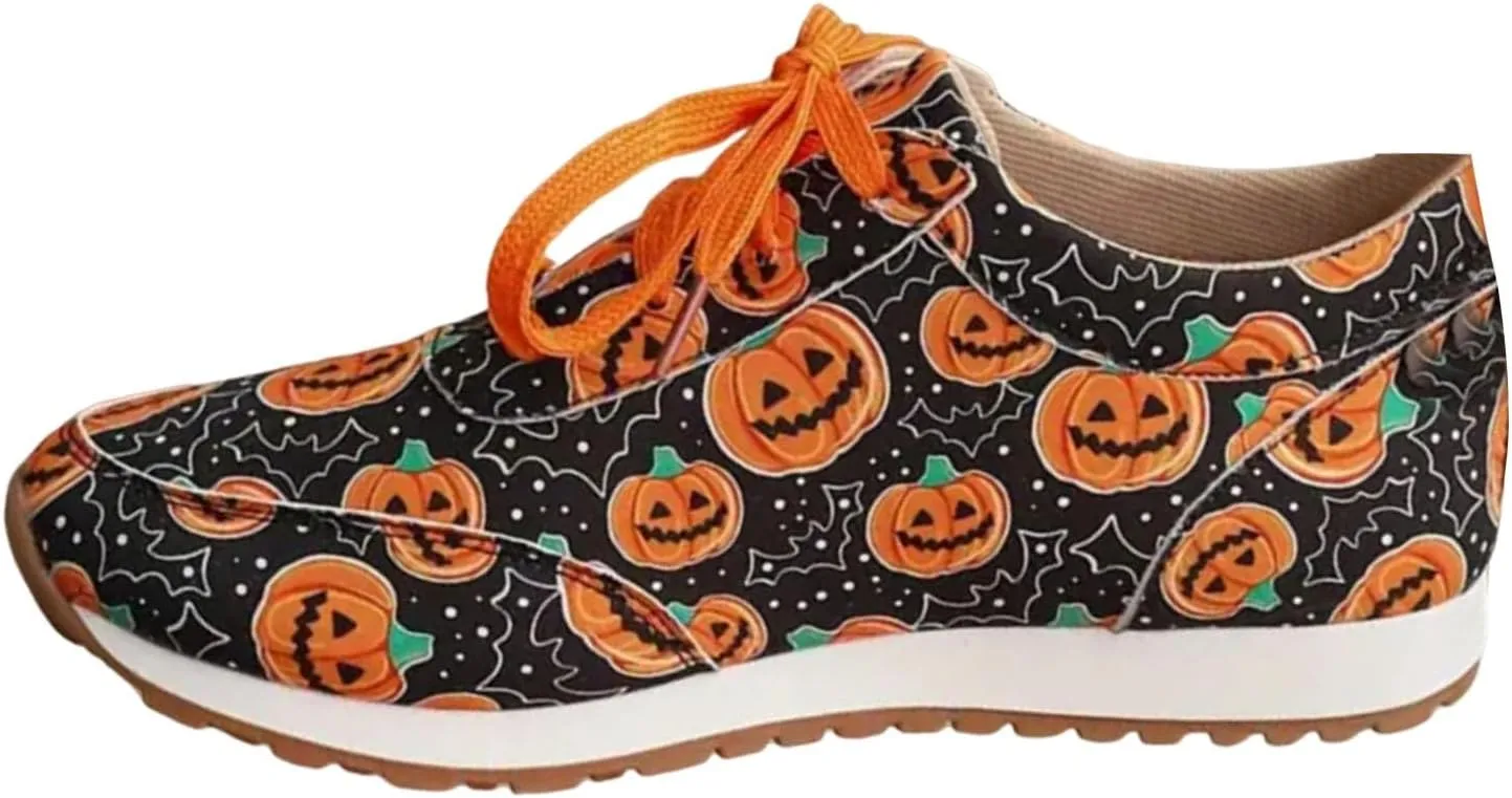 Women Halloween Pumpkin Print Canvas Shoes Skull Head Ghost Print Lace Up Low Top Sneakers Ladies Slip on Flats Loafers Shoes,Casual Breathable Comfortable Walking Canvas Sneakers Shoes