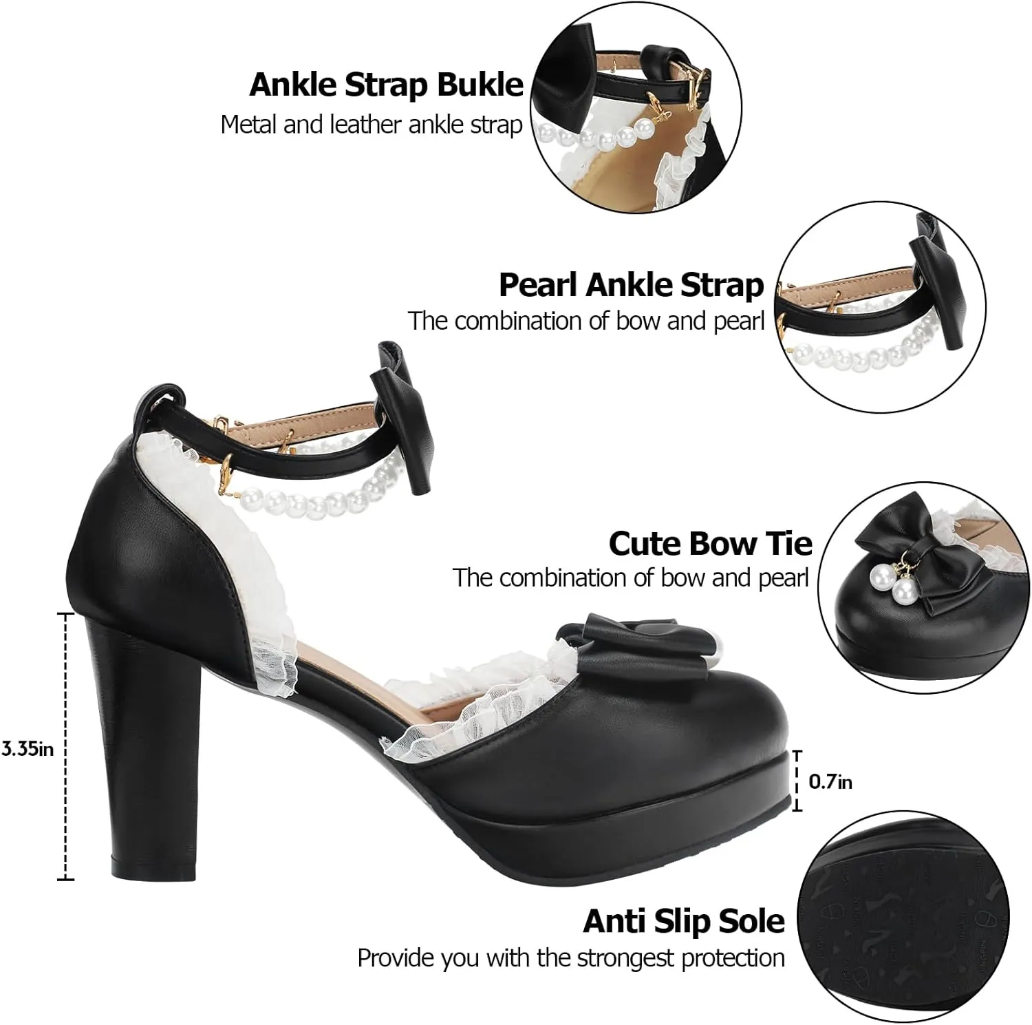 Women's Block High Heel Bow Tie Ruffles Pearl String Bead Lolita Pumps Goth Ankle Strap Sweet Princess Shoes
