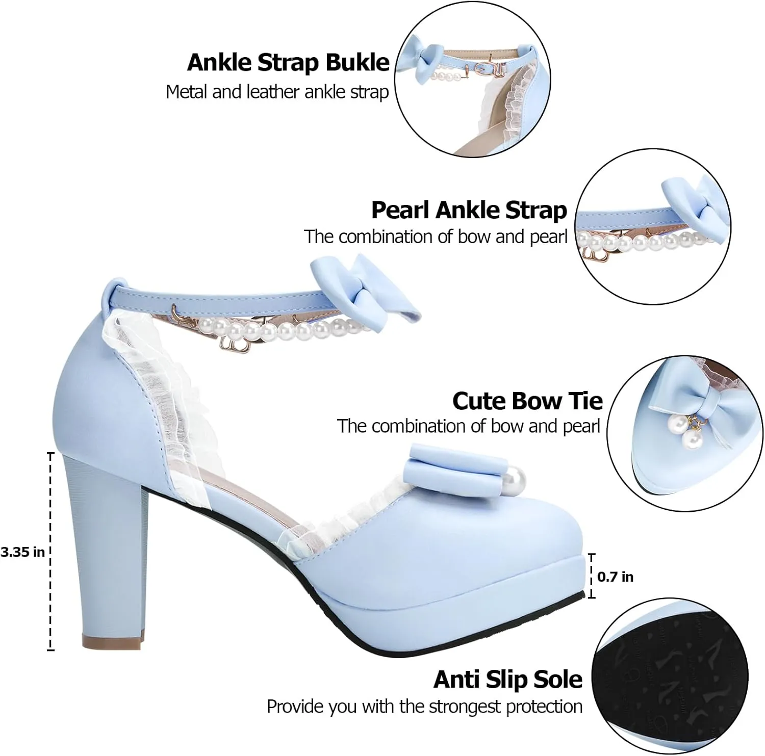 Women's Block High Heel Bow Tie Ruffles Pearl String Bead Lolita Pumps Goth Ankle Strap Sweet Princess Shoes