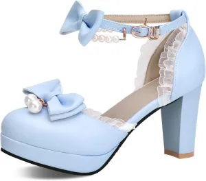 Women's Block High Heel Bow Tie Ruffles Pearl String Bead Lolita Pumps Goth Ankle Strap Sweet Princess Shoes