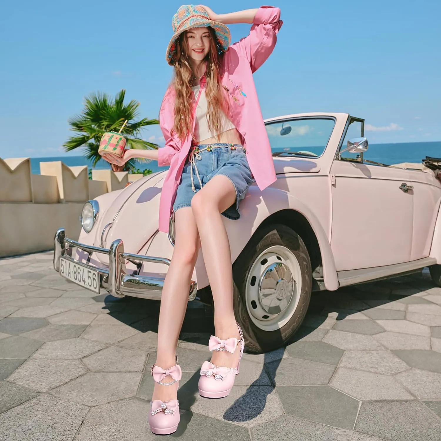Women's Block High Heel Bow Tie Ruffles Pearl String Bead Lolita Pumps Goth Ankle Strap Sweet Princess Shoes