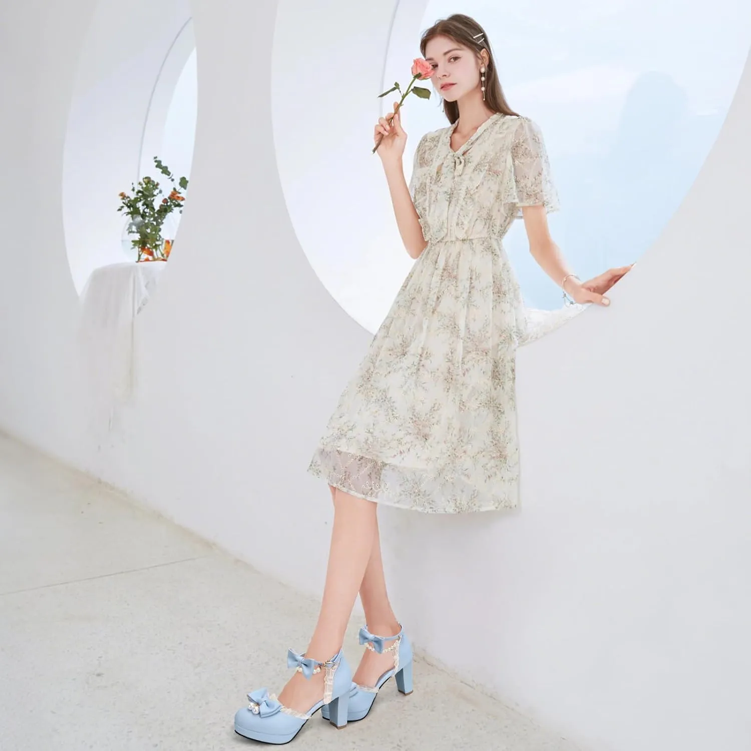 Women's Block High Heel Bow Tie Ruffles Pearl String Bead Lolita Pumps Goth Ankle Strap Sweet Princess Shoes