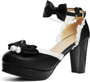 Women's Block High Heel Bow Tie Ruffles Pearl String Bead Lolita Pumps Goth Ankle Strap Sweet Princess Shoes
