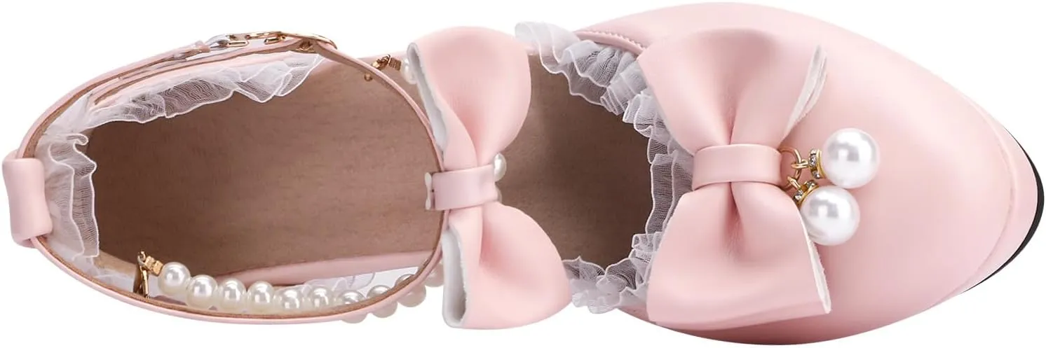 Women's Block High Heel Bow Tie Ruffles Pearl String Bead Lolita Pumps Goth Ankle Strap Sweet Princess Shoes