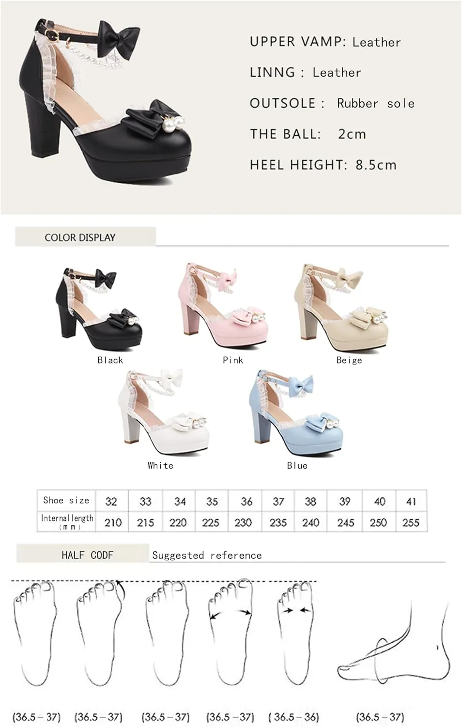 Women's Block High Heel Bow Tie Ruffles Pearl String Bead Lolita Pumps Goth Ankle Strap Sweet Princess Shoes