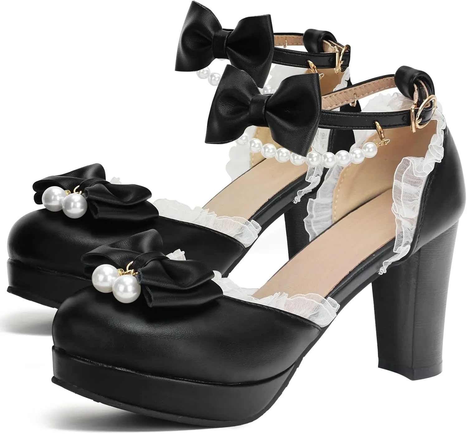 Women's Block High Heel Bow Tie Ruffles Pearl String Bead Lolita Pumps Goth Ankle Strap Sweet Princess Shoes