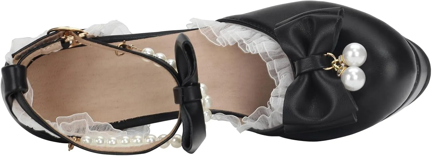 Women's Block High Heel Bow Tie Ruffles Pearl String Bead Lolita Pumps Goth Ankle Strap Sweet Princess Shoes