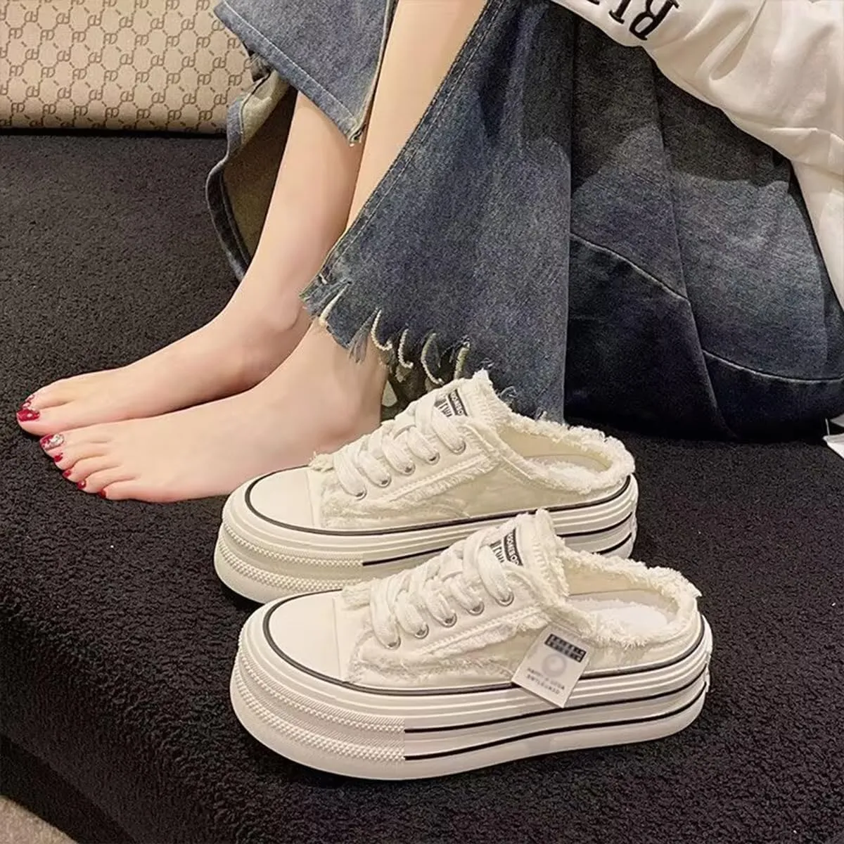 Women's Canvas Mules for Women,Mule White Sneakers for Women 2025,Slip on Platform Mules,Platform Mule Sneakers for Women,Breathable Casual Indoor Outdoor,Comfortable Mule Backless Holiday Shoes