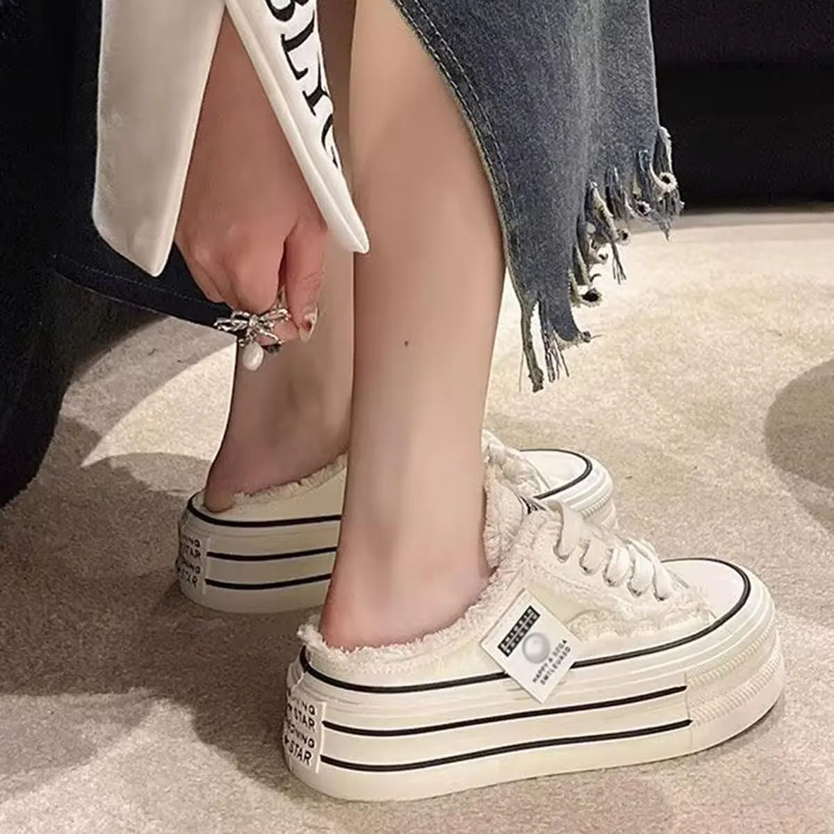 Women's Canvas Mules for Women,Mule White Sneakers for Women 2025,Slip on Platform Mules,Platform Mule Sneakers for Women,Breathable Casual Indoor Outdoor,Comfortable Mule Backless Holiday Shoes