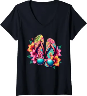 Womens Colorful Flip-Flops Flowers Sunglasses Summer Women Apparel V-Neck T-Shirt