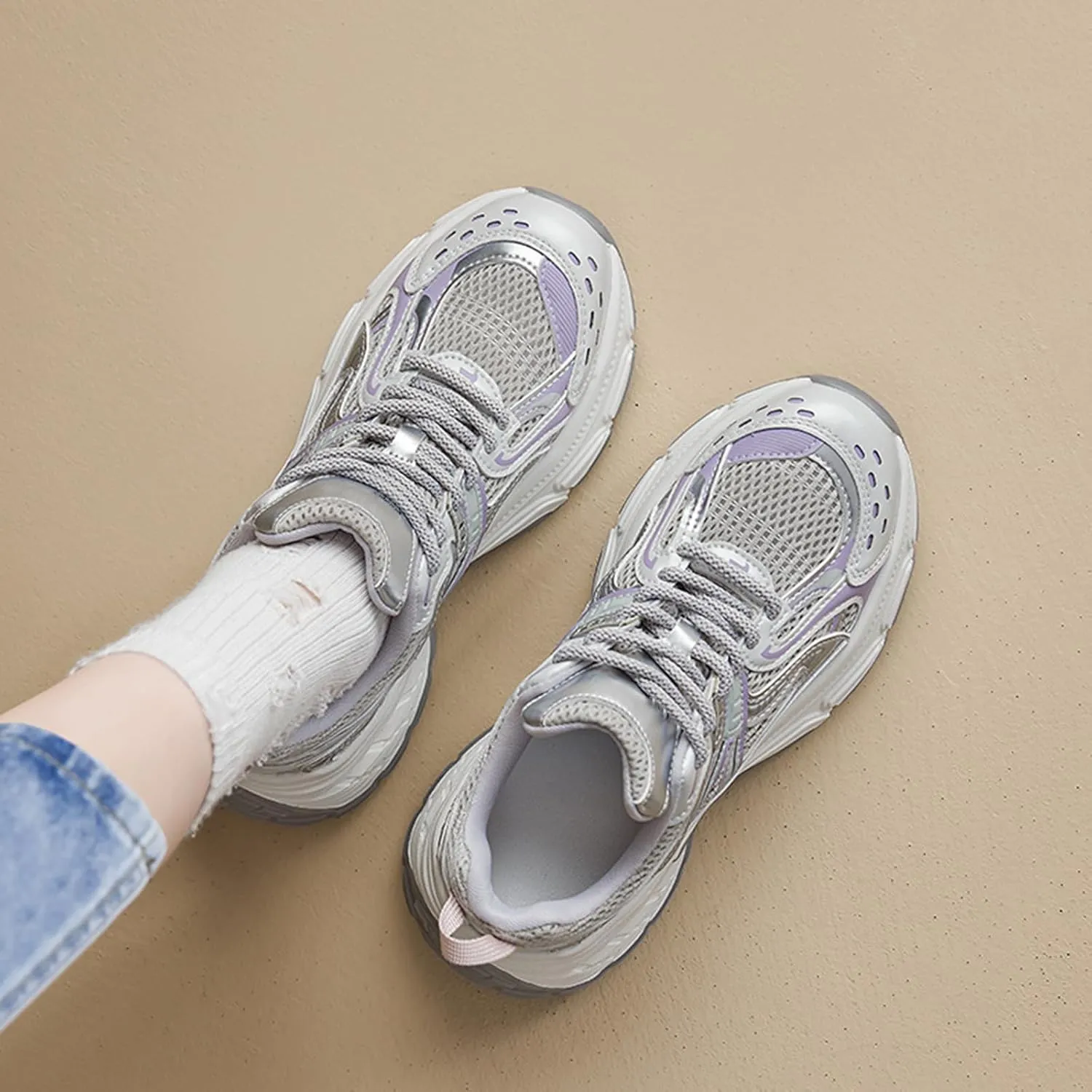 Women's Fashion Sneakers - Casual Platform Chunky Trainers with Breathable Mesh for Autumn, and Smaller Feet - Single Shoes Ideal for Her,Purple-38