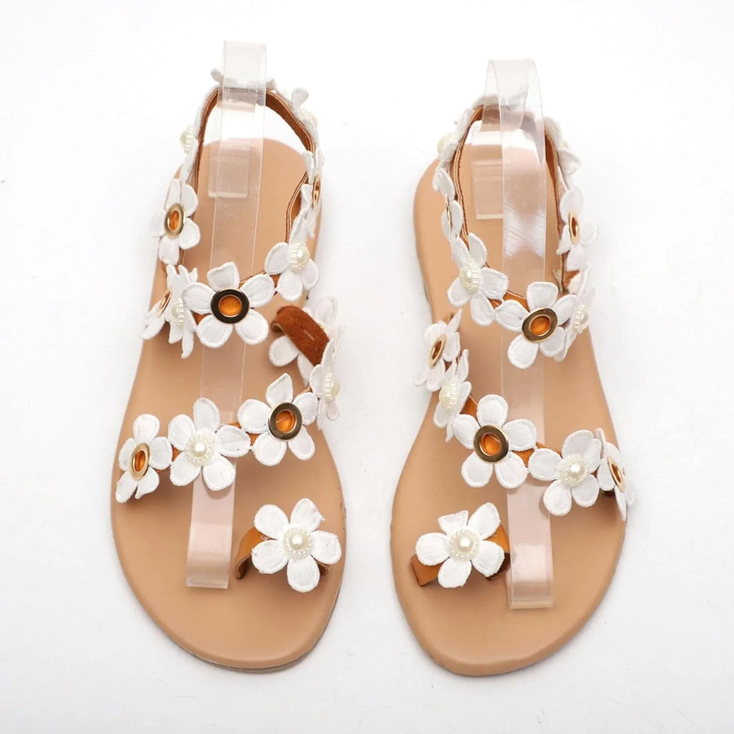 Women's Flat Sandals, Summer Daisy Pearl Beaded Strappy Flower Ankle Strap Casual Sandals Small White Flower Lace-up Peep Toe Comfortable Leisure Sandals for Women and Girls