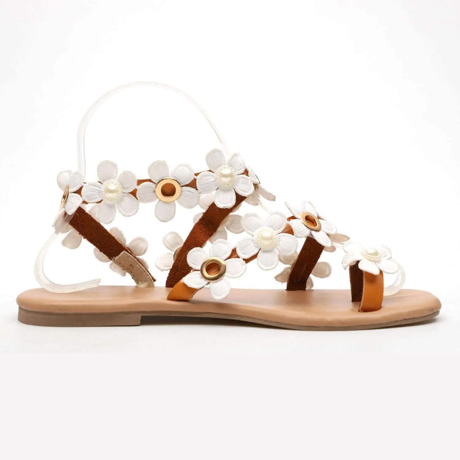 Women's Flat Sandals, Summer Daisy Pearl Beaded Strappy Flower Ankle Strap Casual Sandals Small White Flower Lace-up Peep Toe Comfortable Leisure Sandals for Women and Girls
