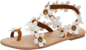 Women's Flat Sandals, Summer Daisy Pearl Beaded Strappy Flower Ankle Strap Casual Sandals Small White Flower Lace-up Peep Toe Comfortable Leisure Sandals for Women and Girls