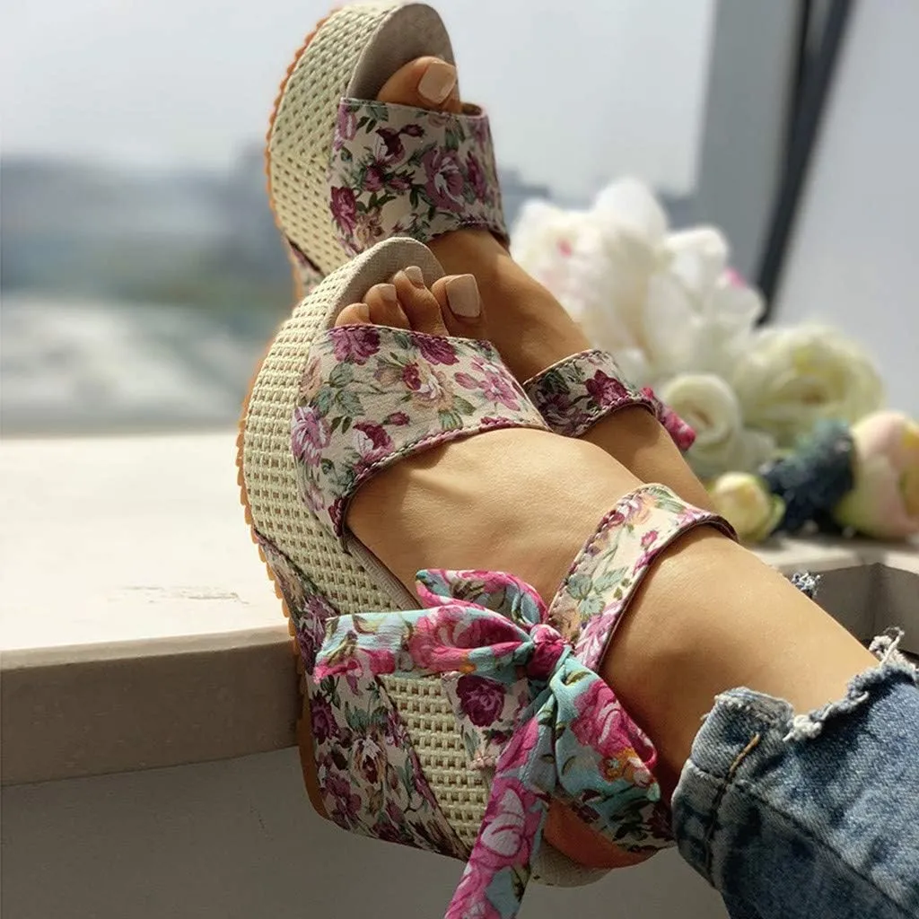 Women's Ladies Platform Wedges Heel Sandals Floral Flower Lace-Up Shoes Footwear Wedge Slide Sandals for Women