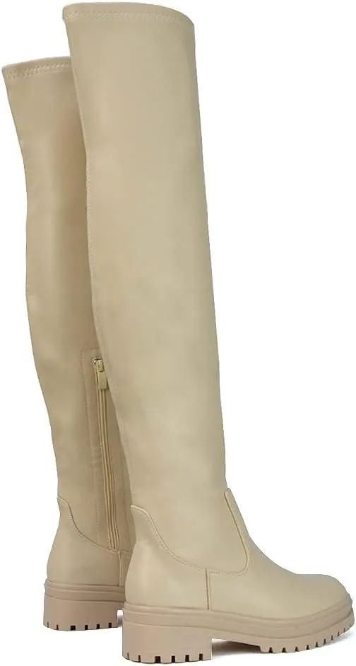 Womens Over The Knee Boots Ladies Chunky Sole Stretch Upper Thigh High Biker Long Shoes Size 3-8