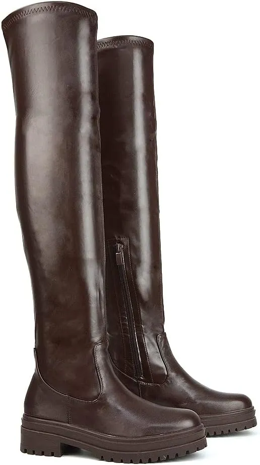 Womens Over The Knee Boots Ladies Chunky Sole Stretch Upper Thigh High Biker Long Shoes Size 3-8