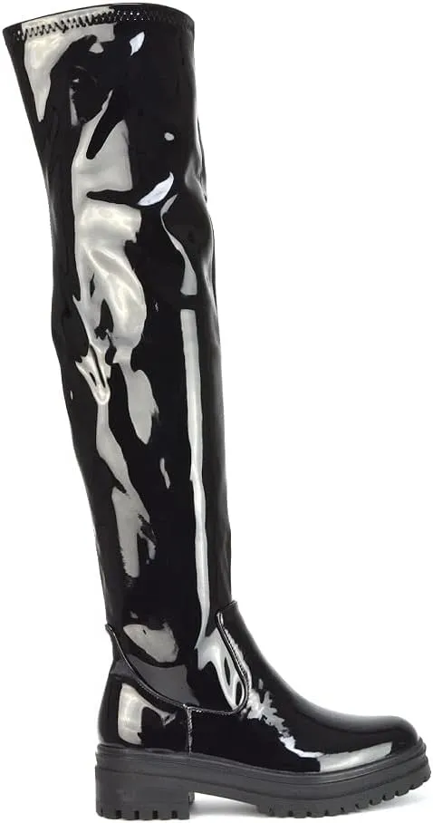 Womens Over The Knee Boots Ladies Chunky Sole Stretch Upper Thigh High Biker Long Shoes Size 3-8