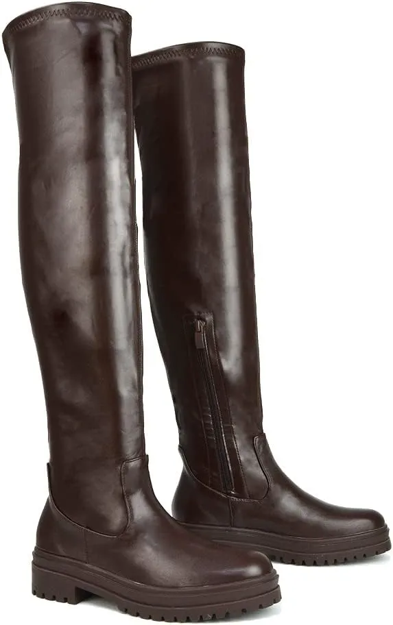 Womens Over The Knee Boots Ladies Chunky Sole Stretch Upper Thigh High Biker Long Shoes Size 3-8