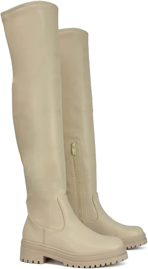 Womens Over The Knee Boots Ladies Chunky Sole Stretch Upper Thigh High Biker Long Shoes Size 3-8