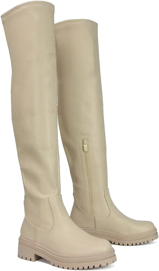 Womens Over The Knee Boots Ladies Chunky Sole Stretch Upper Thigh High Biker Long Shoes Size 3-8