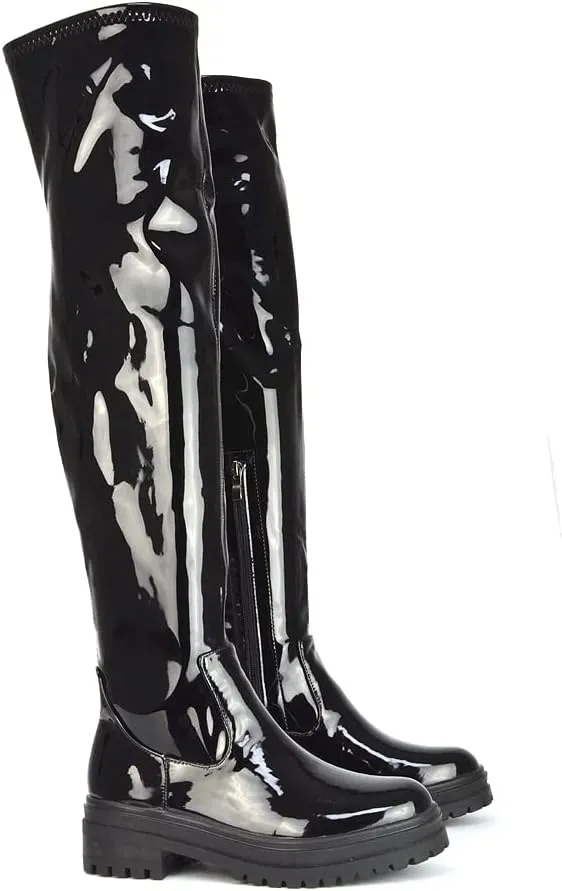 Womens Over The Knee Boots Ladies Chunky Sole Stretch Upper Thigh High Biker Long Shoes Size 3-8