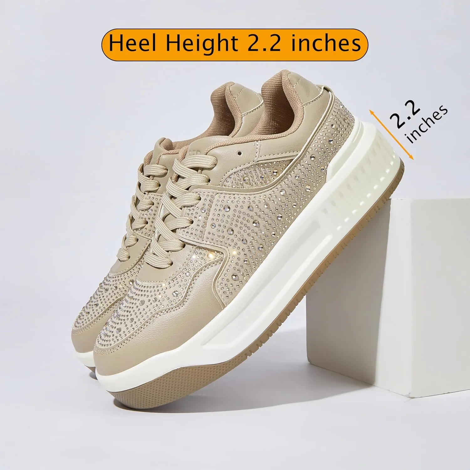 Women's Platform Sneakers Sparkle Rhinestone Chunky Shoes Leather Low Top Lace Up Walking Shoes