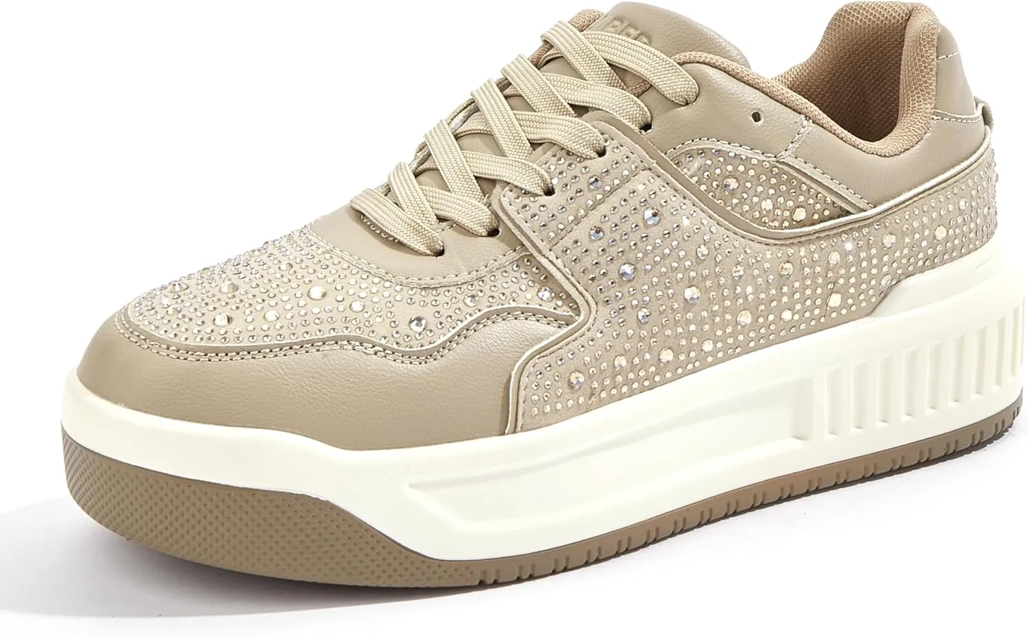 Women's Platform Sneakers Sparkle Rhinestone Chunky Shoes Leather Low Top Lace Up Walking Shoes