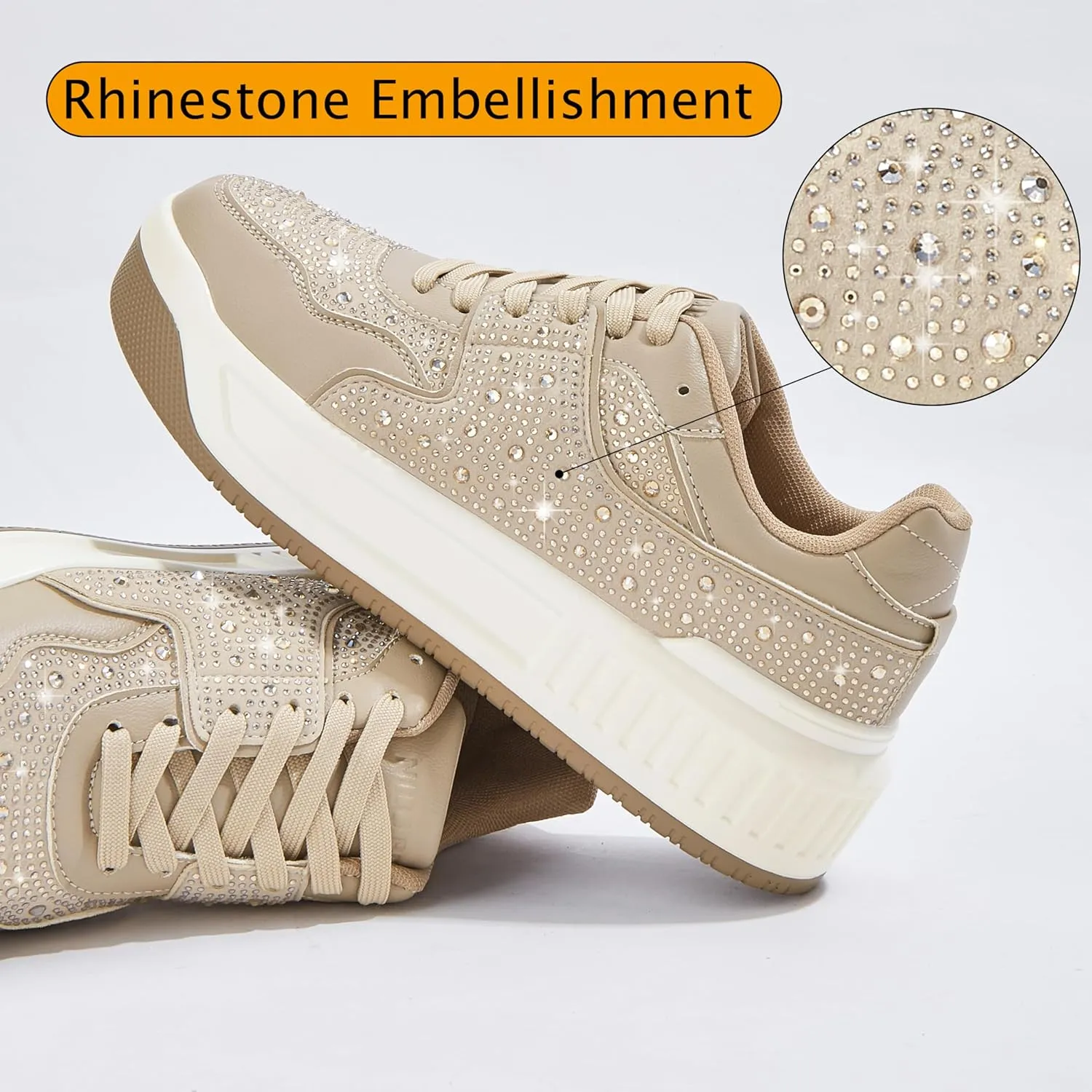 Women's Platform Sneakers Sparkle Rhinestone Chunky Shoes Leather Low Top Lace Up Walking Shoes