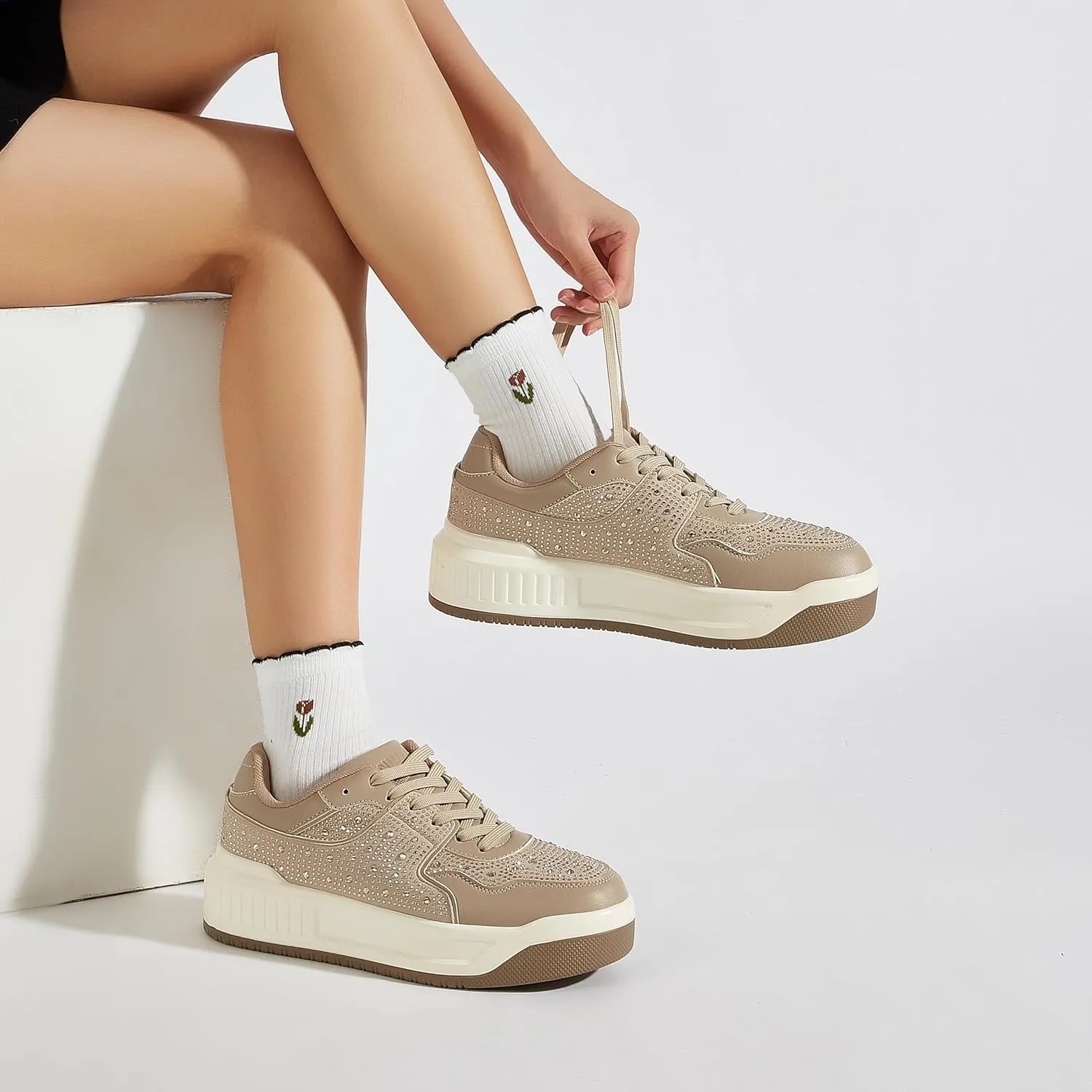 Women's Platform Sneakers Sparkle Rhinestone Chunky Shoes Leather Low Top Lace Up Walking Shoes