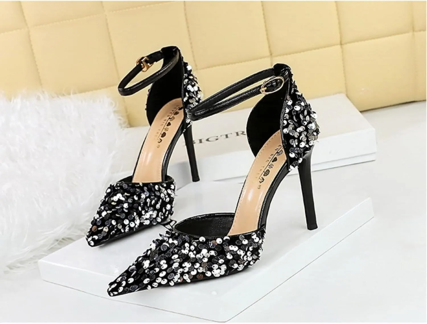 Women's Sequins Stilettos High Heels Shoes Sexy Sparkly Pointed Closed Toe Dazzling Banquet Pumps Glitter Ankle Buckle Strap Wedding Party Prom Dress Shoes