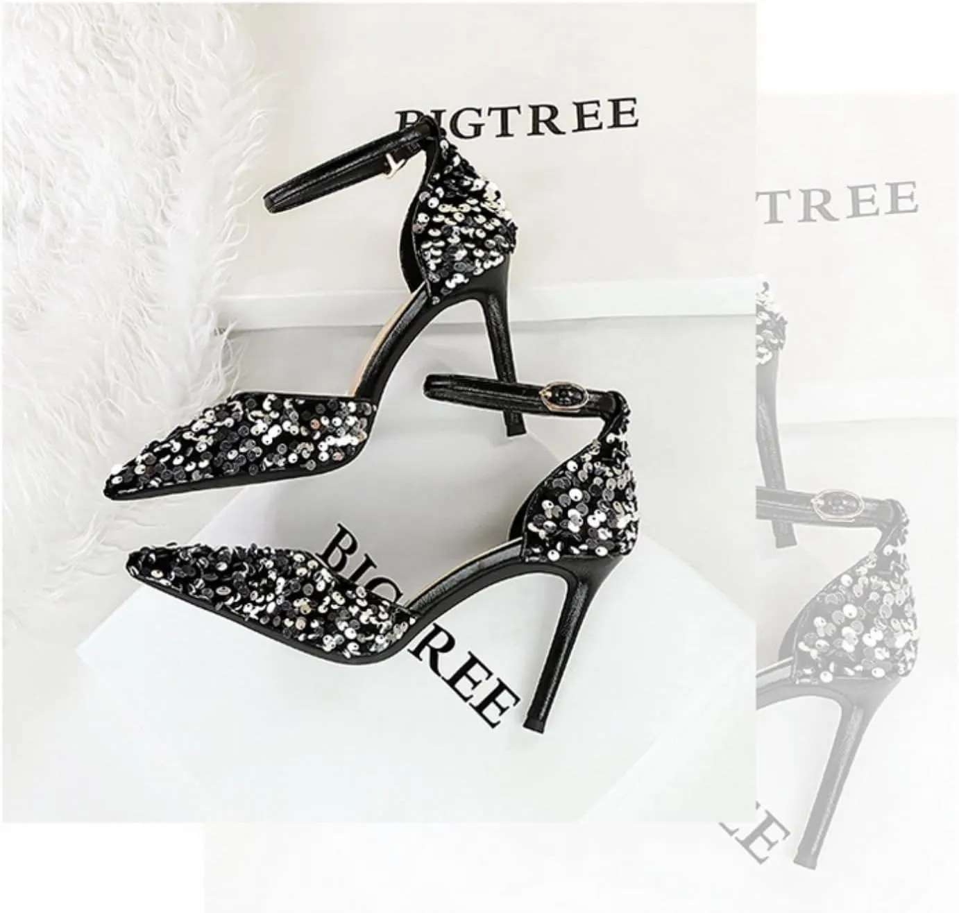 Women's Sequins Stilettos High Heels Shoes Sexy Sparkly Pointed Closed Toe Dazzling Banquet Pumps Glitter Ankle Buckle Strap Wedding Party Prom Dress Shoes
