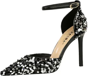 Women's Sequins Stilettos High Heels Shoes Sexy Sparkly Pointed Closed Toe Dazzling Banquet Pumps Glitter Ankle Buckle Strap Wedding Party Prom Dress Shoes