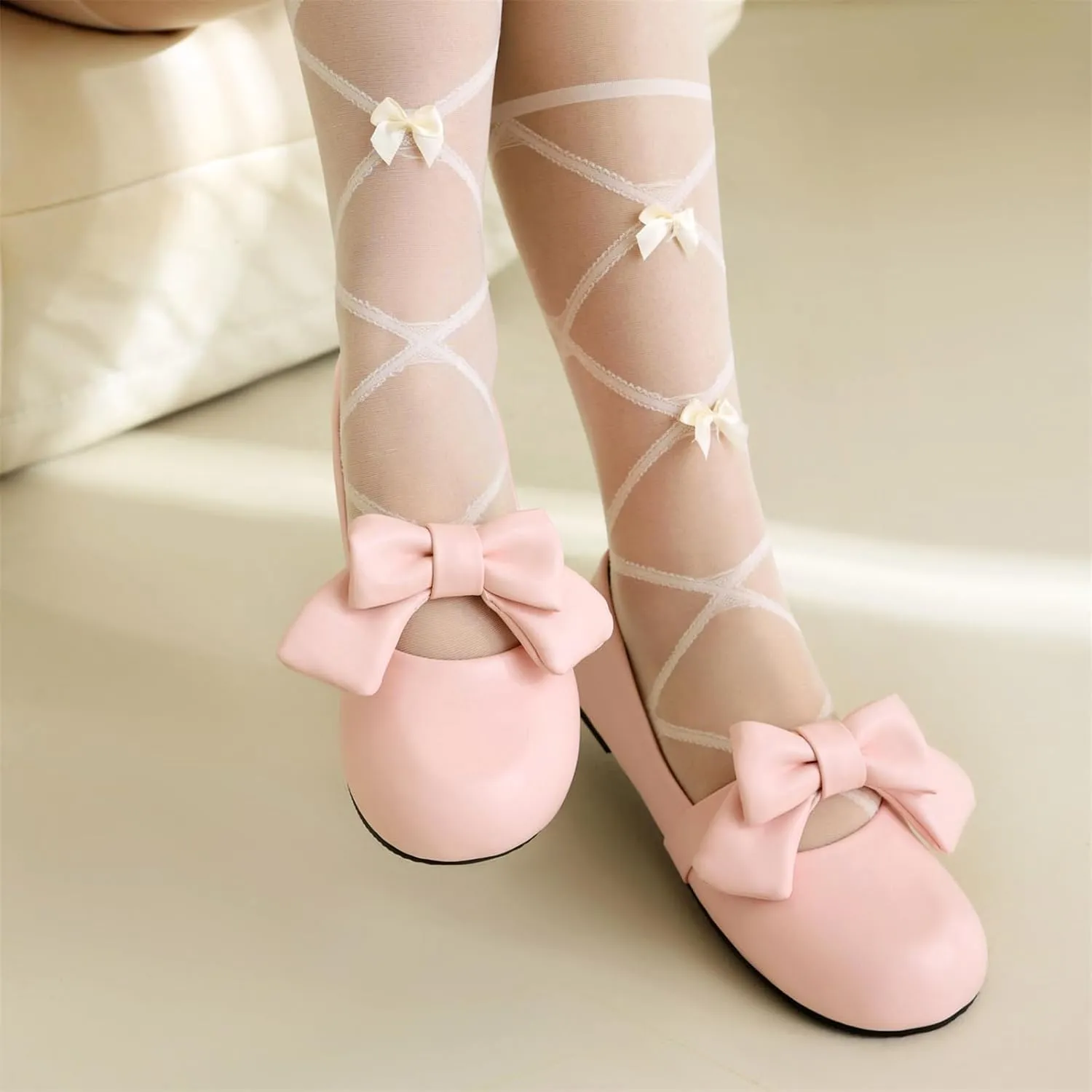 Women's Slip On Round Toe Flat Heel Lolita Shoes Sweet Cute Bow tie Hollow Out Princess Kawaii Shoes Party Pumps