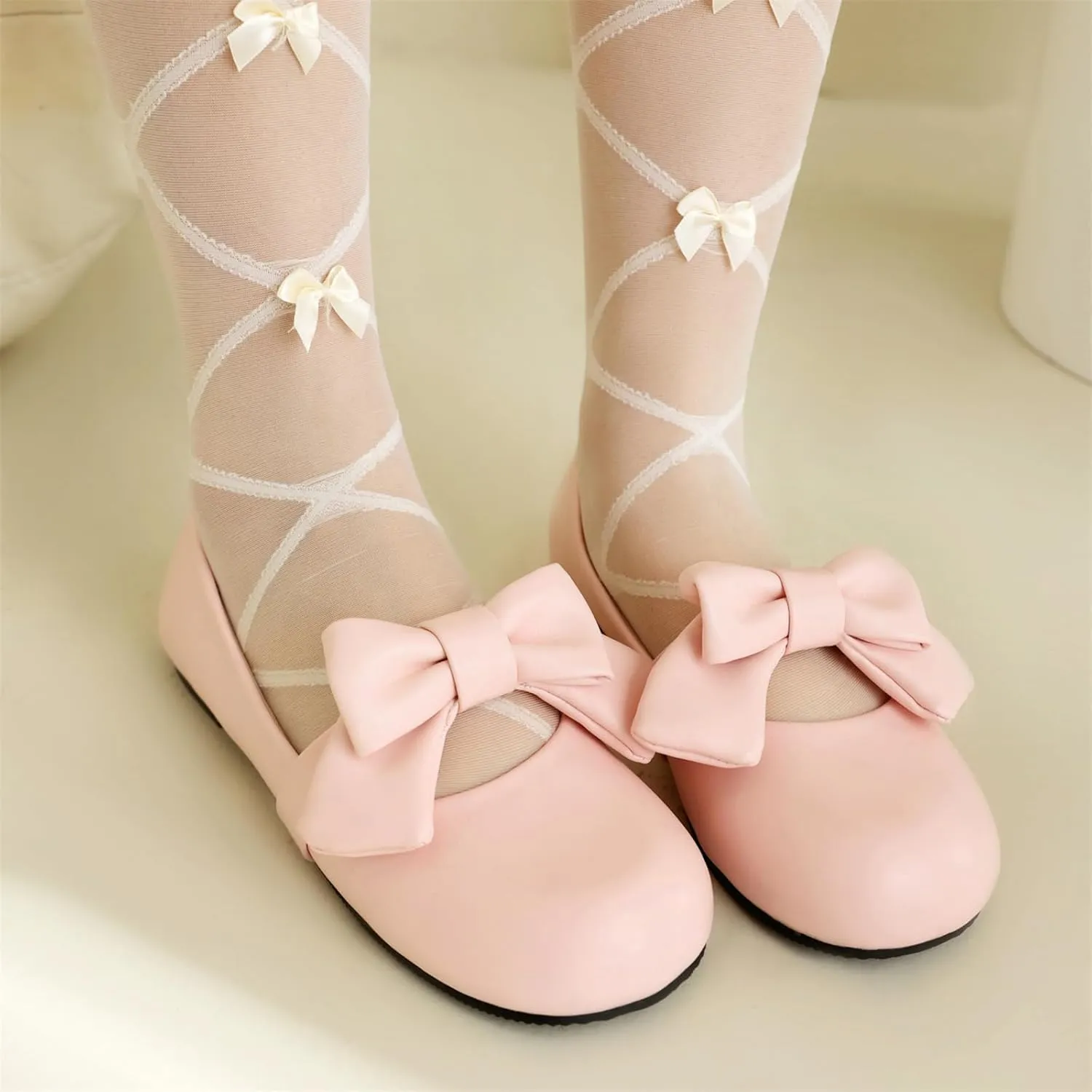 Women's Slip On Round Toe Flat Heel Lolita Shoes Sweet Cute Bow tie Hollow Out Princess Kawaii Shoes Party Pumps