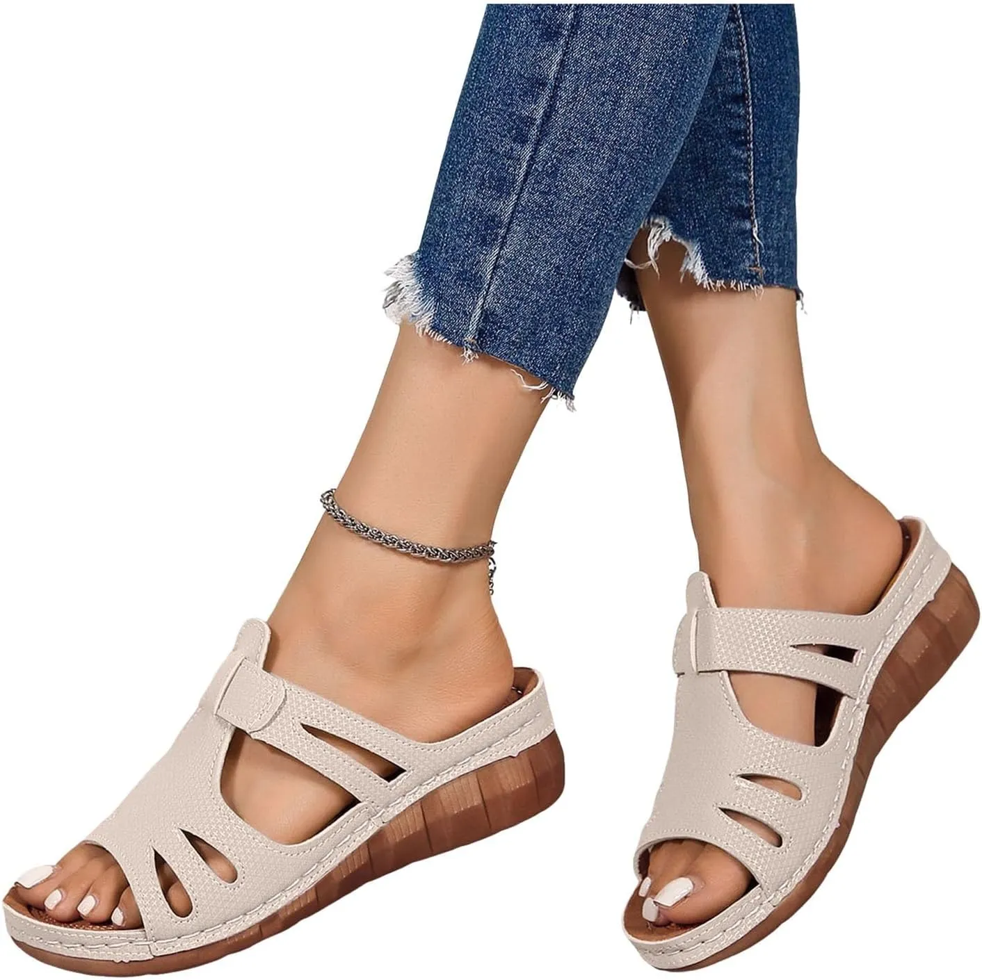 Womens Summer Outdoor Sandals 2025 Casual Open Toe Solid Color Wedge Sandals Hollow Stylish Lightweight Slide On Platform Heels Beach Shoes