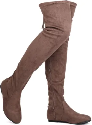 Women's Thigh High Flat Boots Stretchy Drawstring Tie Fashion Over The Knee Boots