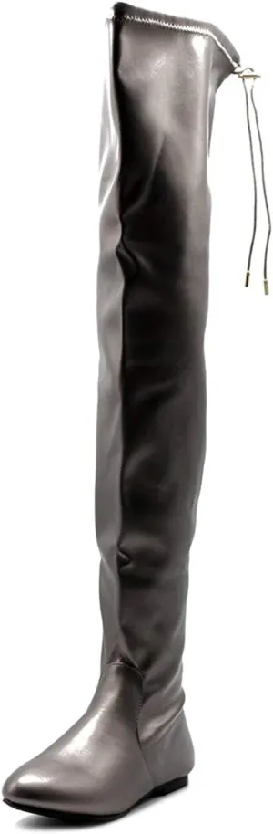 Women's Thigh High Flat Boots Stretchy Drawstring Tie Fashion Over The Knee Boots