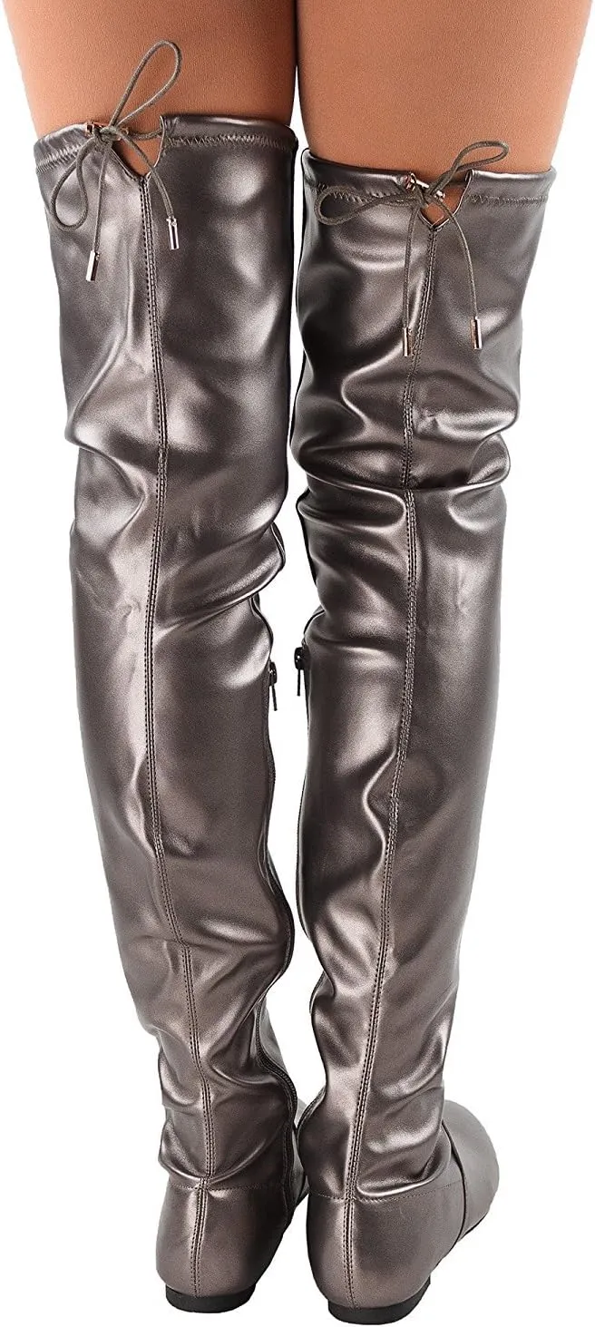 Women's Thigh High Flat Boots Stretchy Drawstring Tie Fashion Over The Knee Boots