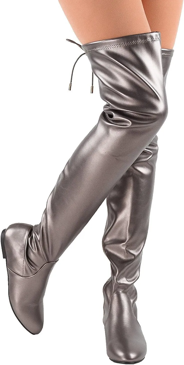 Women's Thigh High Flat Boots Stretchy Drawstring Tie Fashion Over The Knee Boots