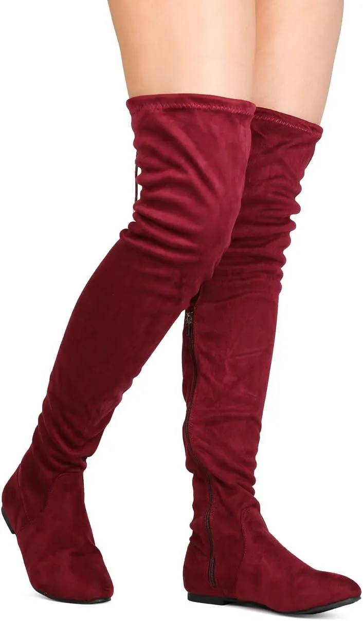 Women's Thigh High Flat Boots Stretchy Drawstring Tie Fashion Over The Knee Boots