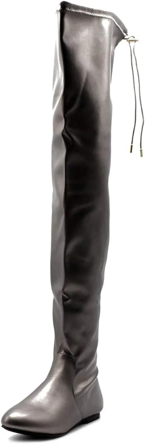 Women's Thigh High Flat Boots Stretchy Drawstring Tie Fashion Over The Knee Boots
