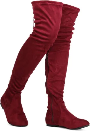 Women's Thigh High Flat Boots Stretchy Drawstring Tie Fashion Over The Knee Boots