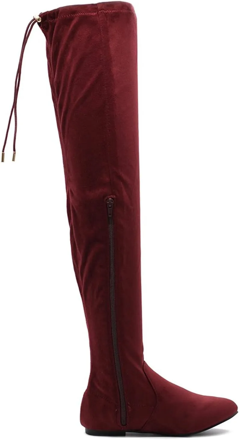 Women's Thigh High Flat Boots Stretchy Drawstring Tie Fashion Over The Knee Boots