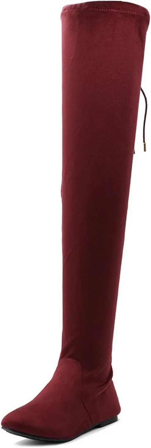 Women's Thigh High Flat Boots Stretchy Drawstring Tie Fashion Over The Knee Boots