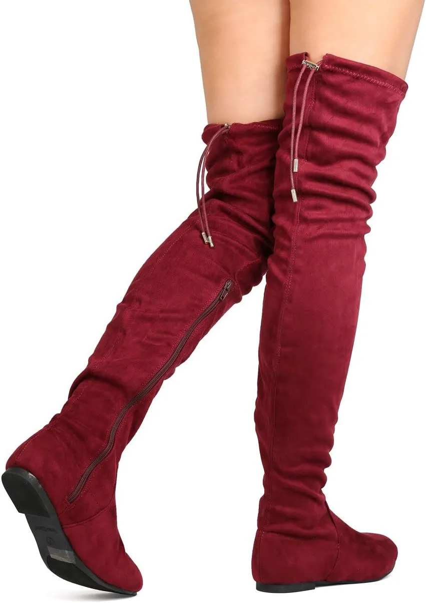 Women's Thigh High Flat Boots Stretchy Drawstring Tie Fashion Over The Knee Boots