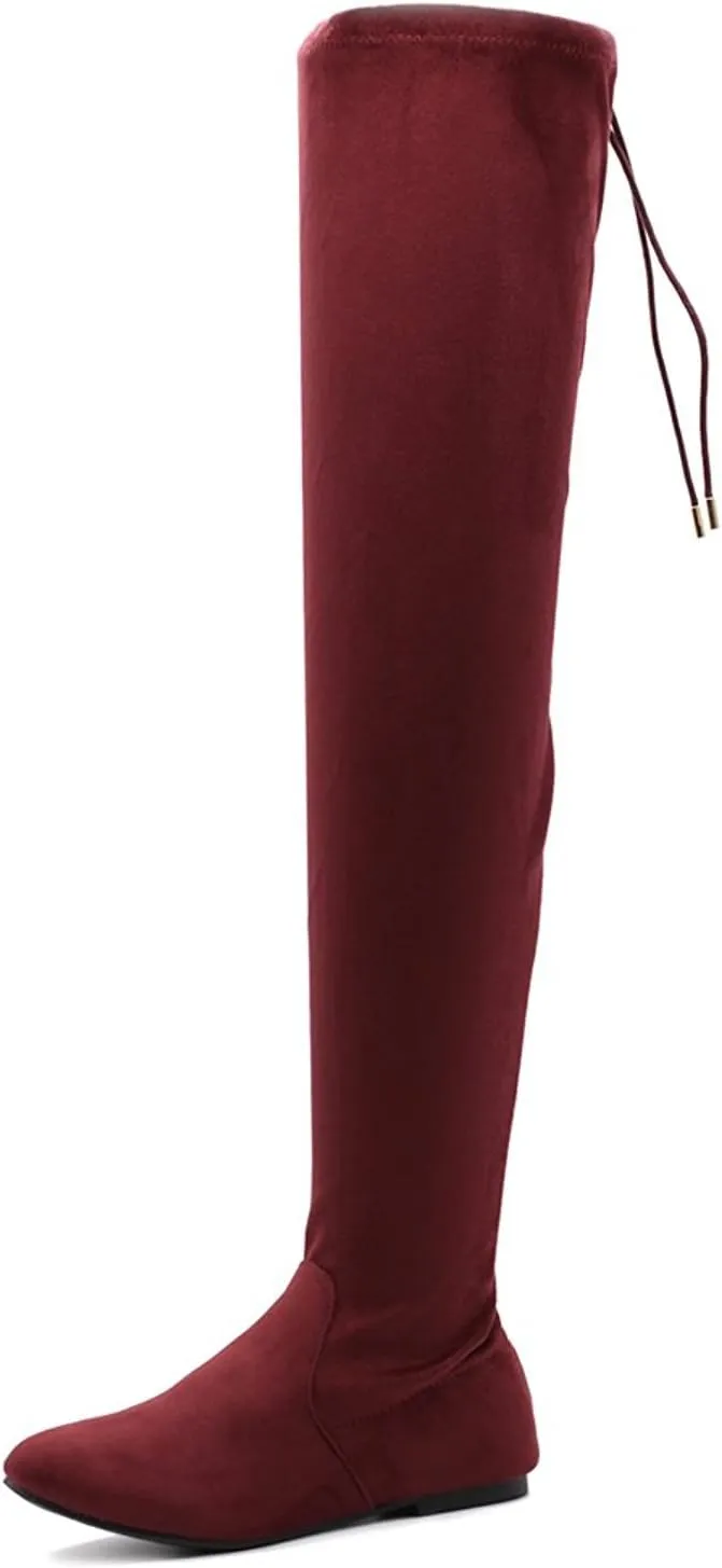 Women's Thigh High Flat Boots Stretchy Drawstring Tie Fashion Over The Knee Boots
